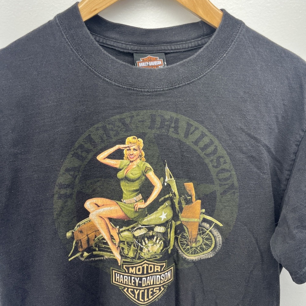 Harley Davidson Shirt Men's Med Doha Qatar Pin Up Girl Military Grunge Black